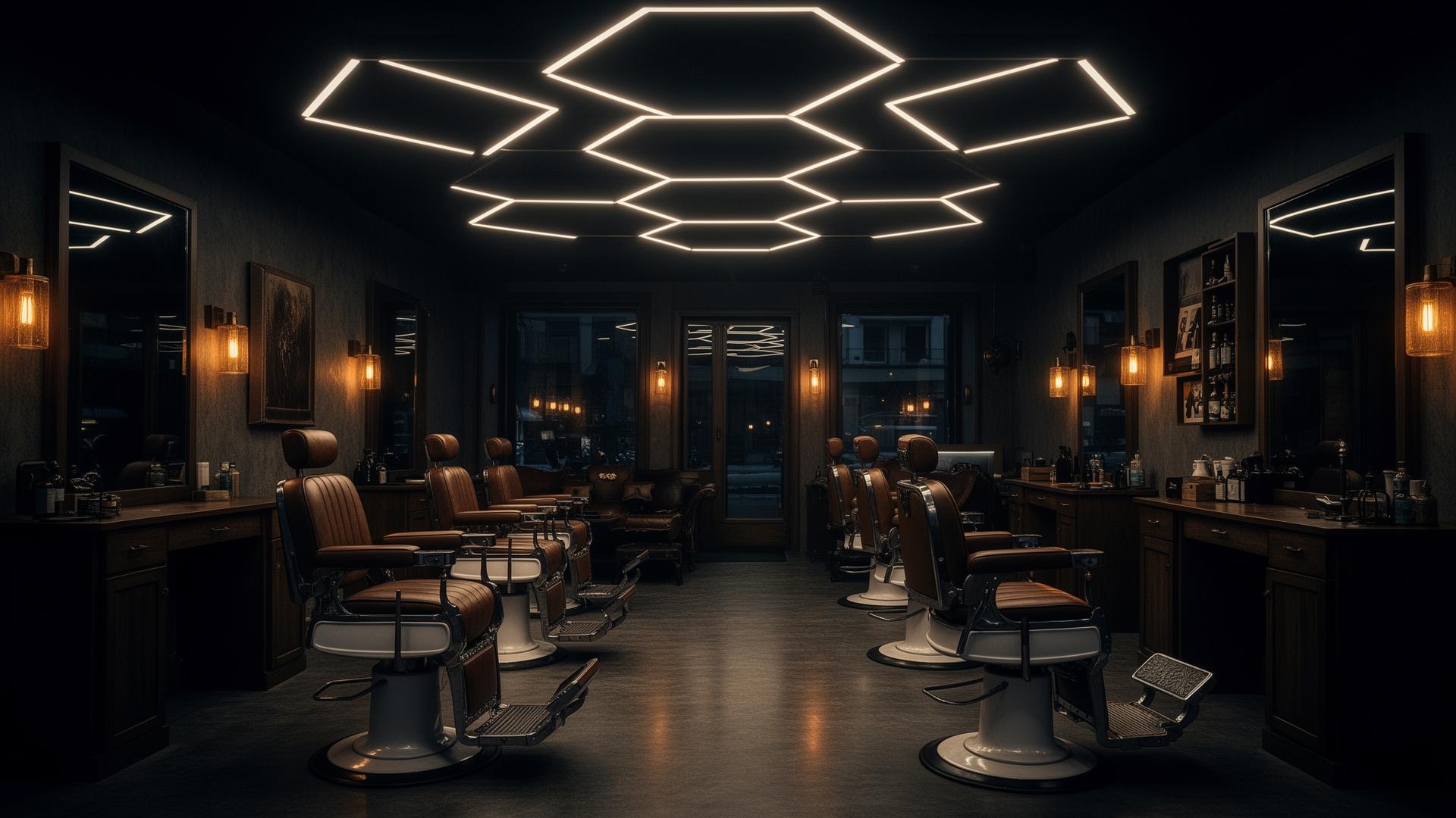 Modern barbershop interior with hexagonal lighting